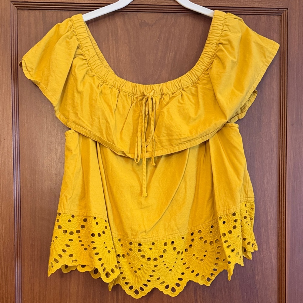 Madewell Mustard Off-Shoulder Eyelet Top